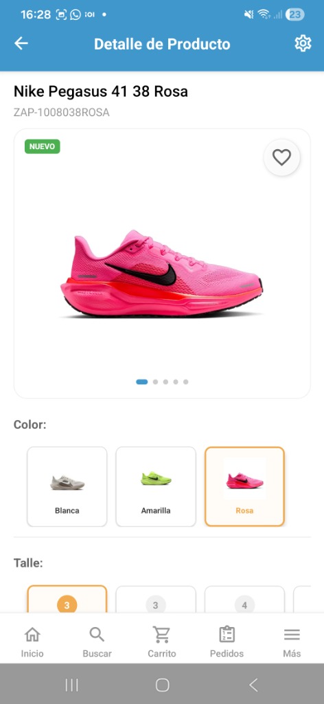 Ficha de producto con selector de colores y talles