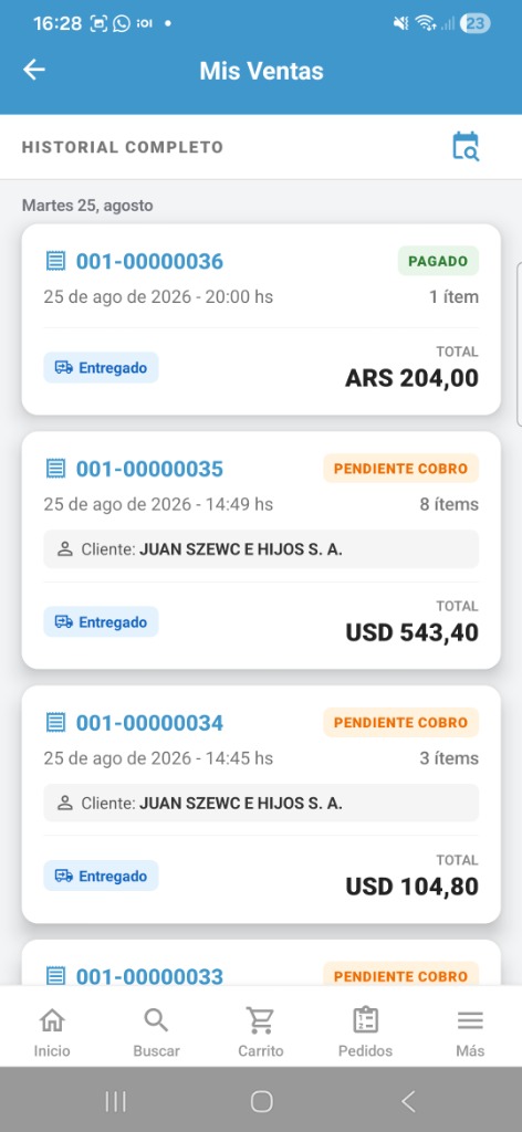 Historial de Ventas y Comprobantes en la app